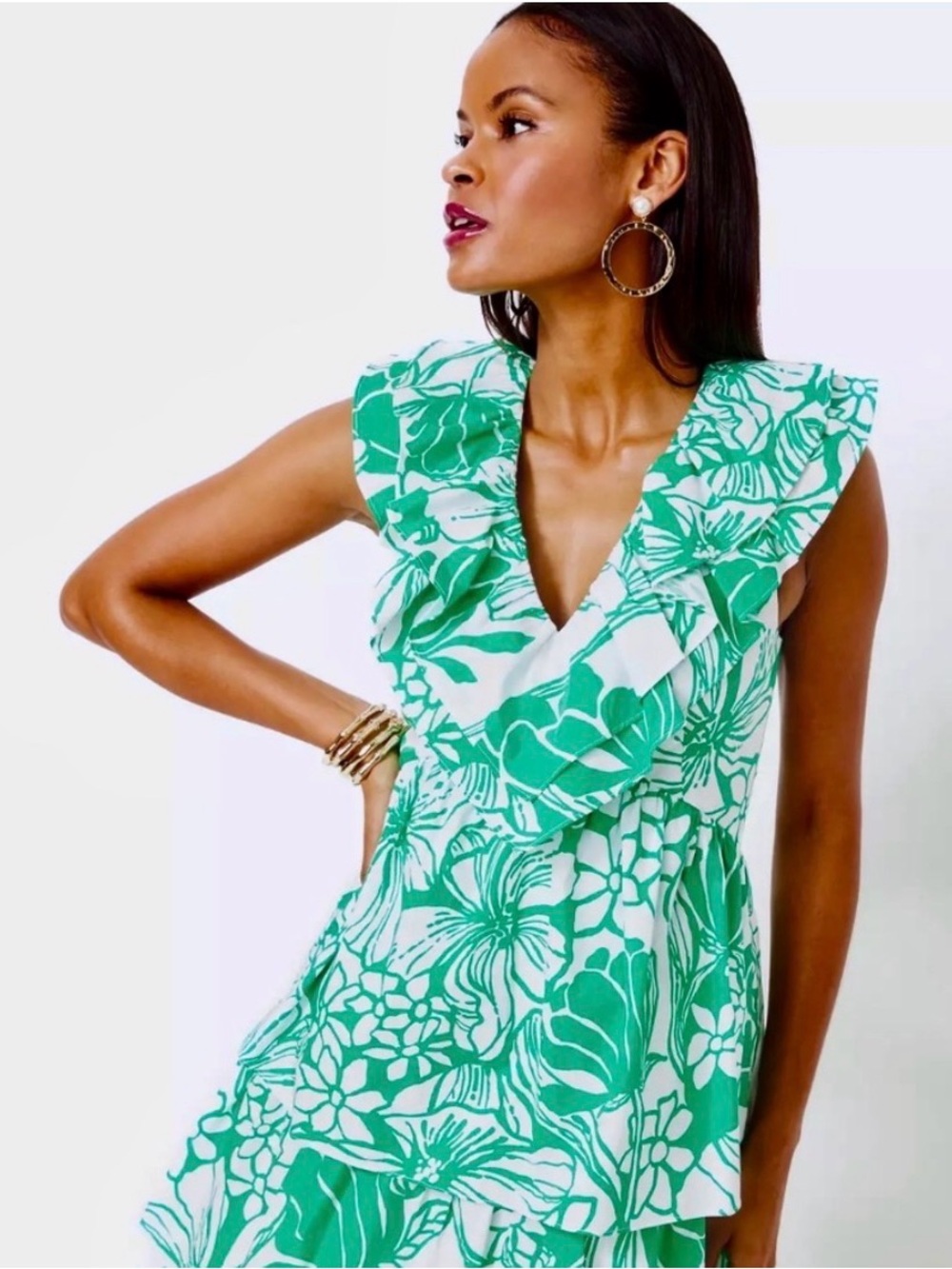 Lilly Pulitzer Green & White Floral Tiered Sundress